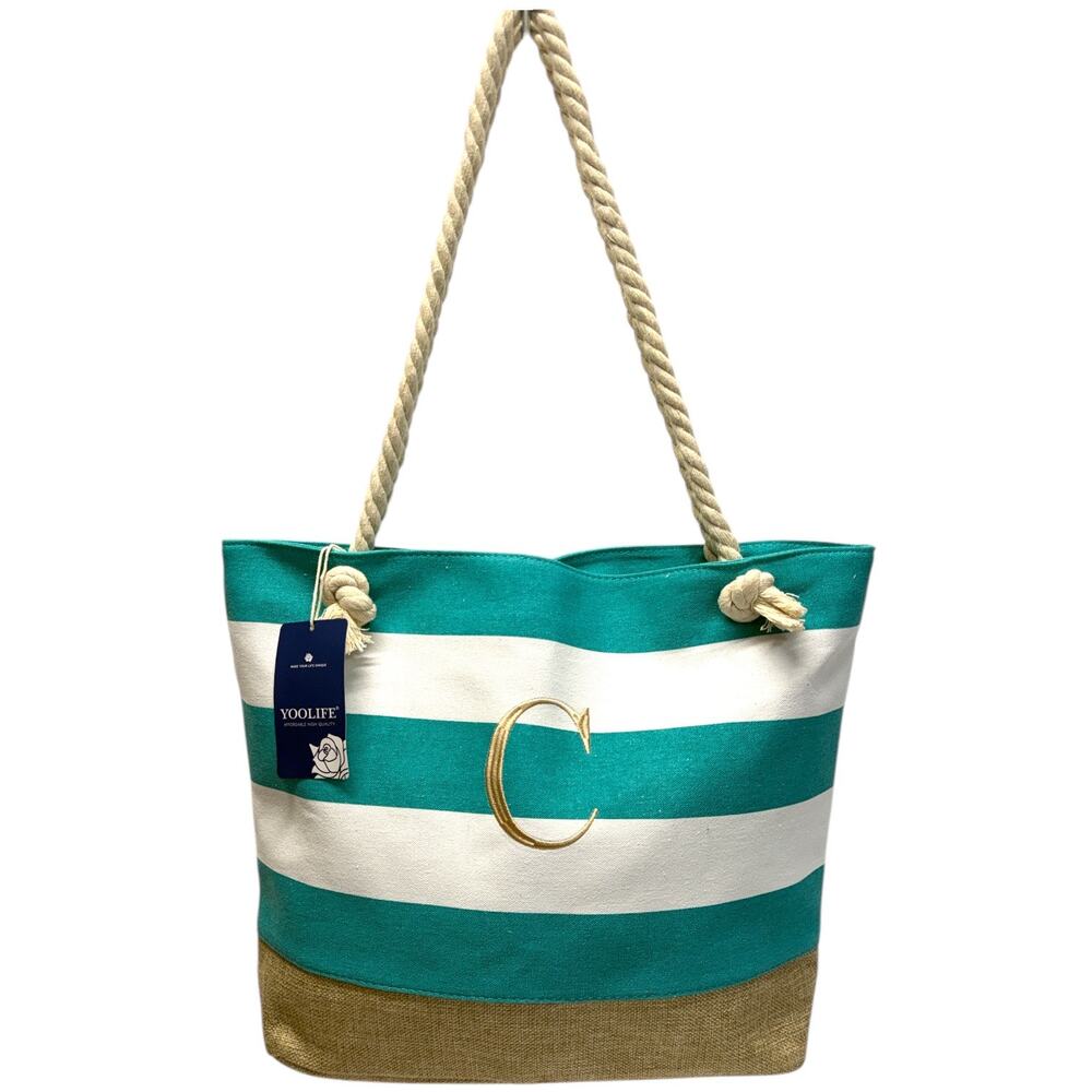 Large Striped Canvas Beach Tote Bag Rope Handle Monogram C Travel Bag